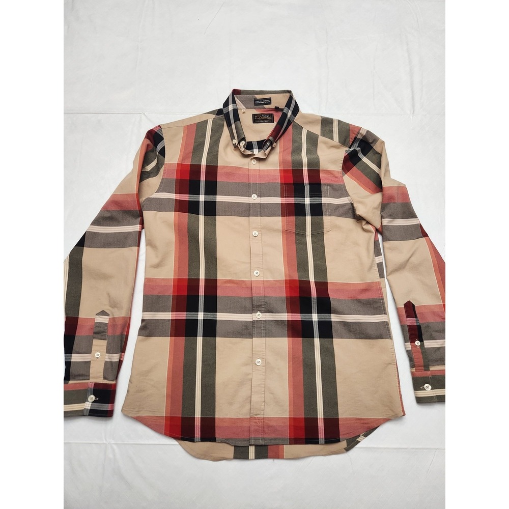 7 Diamonds‎ Shirt Mens Medium Plaid Long Sleeve Button Up Beige Red Battle Royal